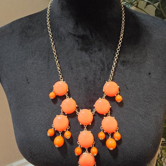 J.Crew Retro Chunky Dangle BaubleBar Orange Gold Tone Accent Statement Necklace - Picture 2 of 6